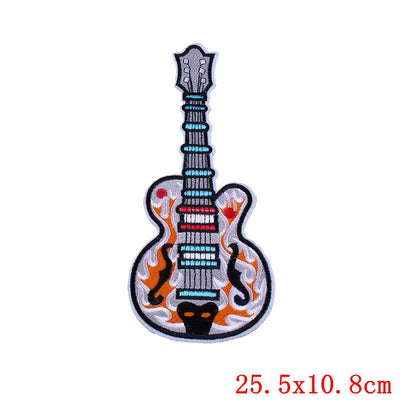 Guitar-shaped patch with flame design on a white background