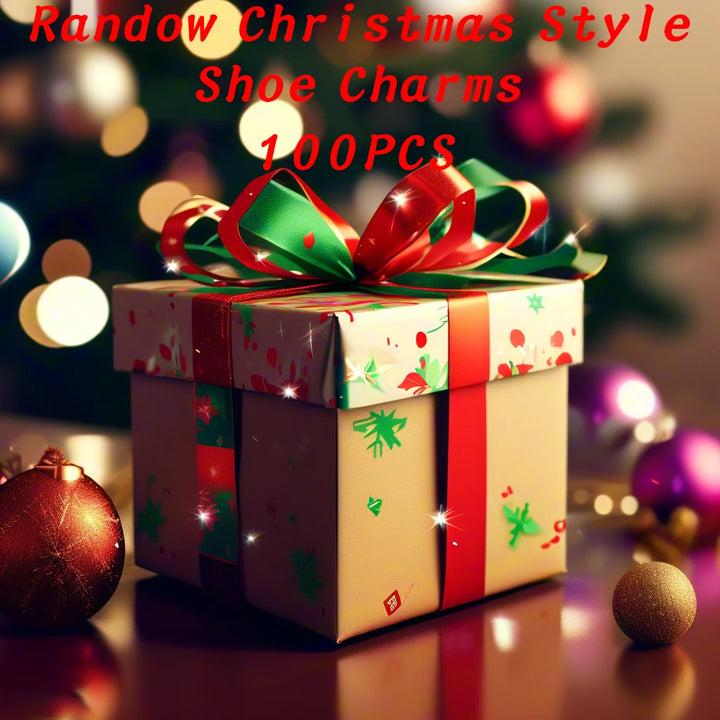 Decorative shoe charm box with festive ribbon 100 Christmas shoe charms against a blurred Christmas tree and lights background.