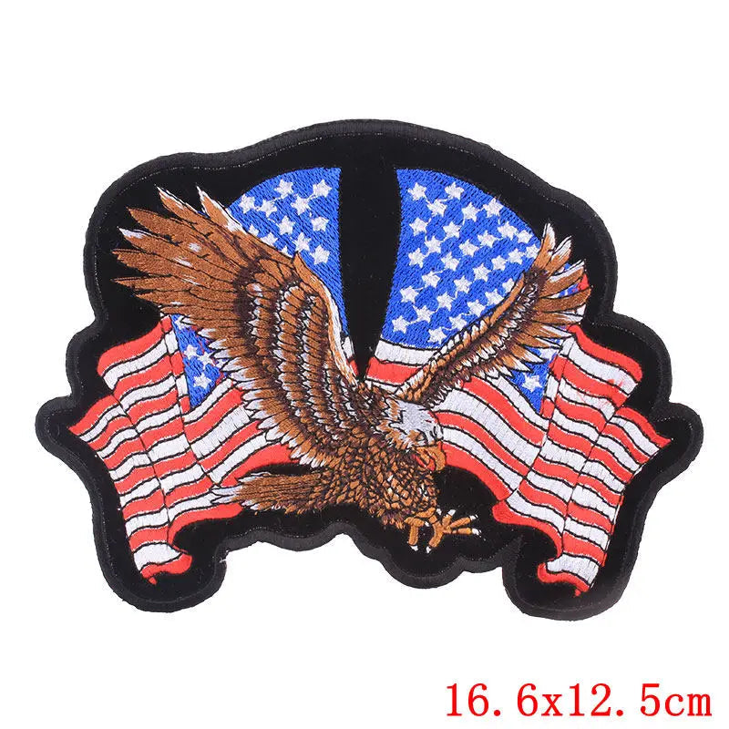 Embroidered patch with an eagle and American flag design, branded 'Prajna'.