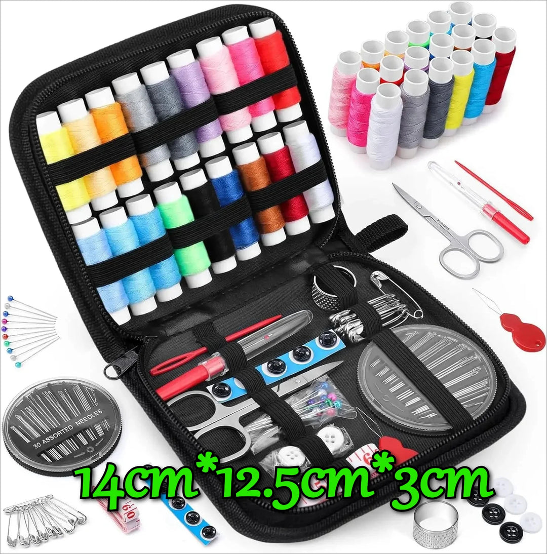 Sewing kit with colorful threads, scissors, and other tools on a white background