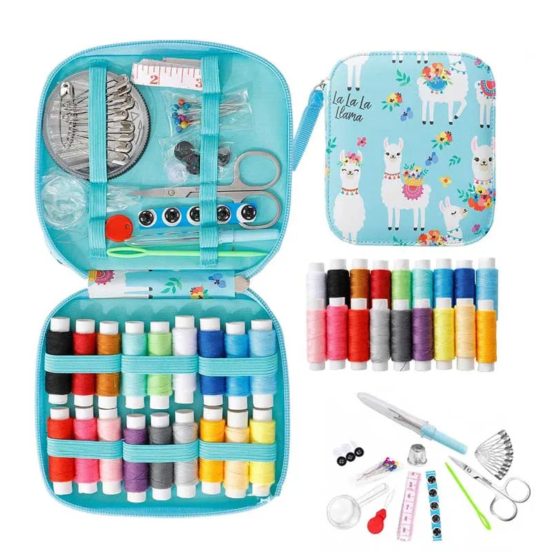 Sewing kit with colorful threads, tools, and llama-themed case on a white background