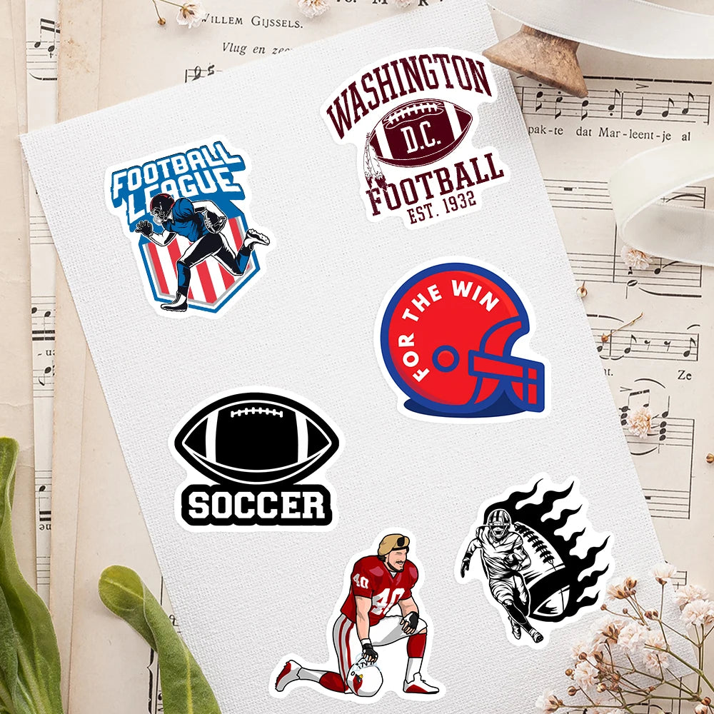 Collection of sports-themed stickers on a white card with musical notes in the background