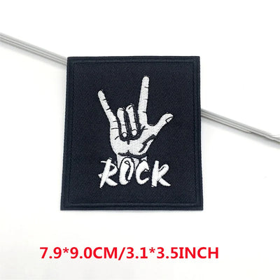 Black patch with white hand gesture and 'ROCK' text, size 7.9*9.0CM/3.1*3.5INCH