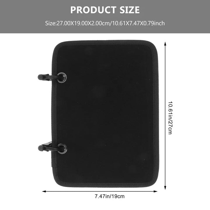 Black Patch Display Book with hooks and dimensions labeled on a white background