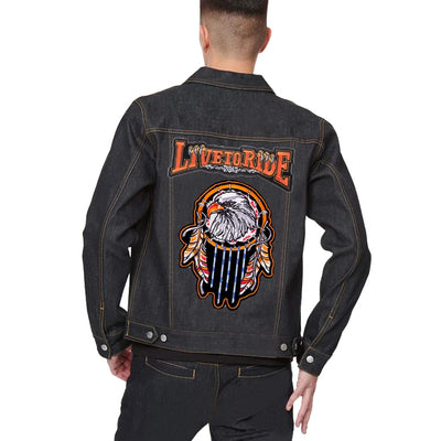 Black denim jacket with 'Live to Ride' and eagle design on the back, worn by a person.