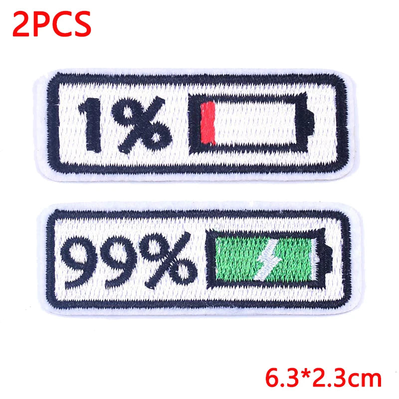 Two battery percentage patches with '1%' and '99%' on a white background.