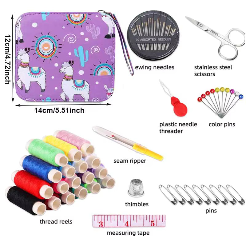 light Purple sewing kit with llama design with dimensions and contents on a white background