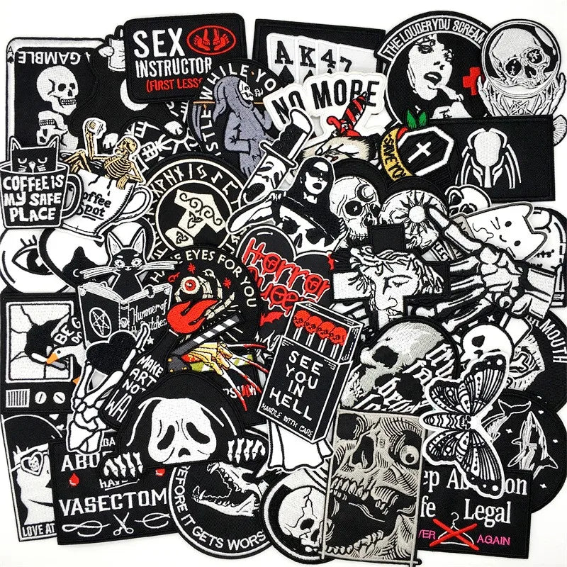 🖤50pcs Mixed Punk Iron-On Patches – Black White Embroidered Edgy DIY Clothing Appliques