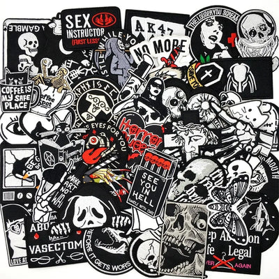 🖤50pcs Mixed Punk Iron-On Patches – Black White Embroidered Edgy DIY Clothing Appliques