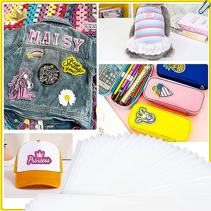 Collage of various items including a denim jacket with patches, a colorful pencil case, a hat, and a small pillow.