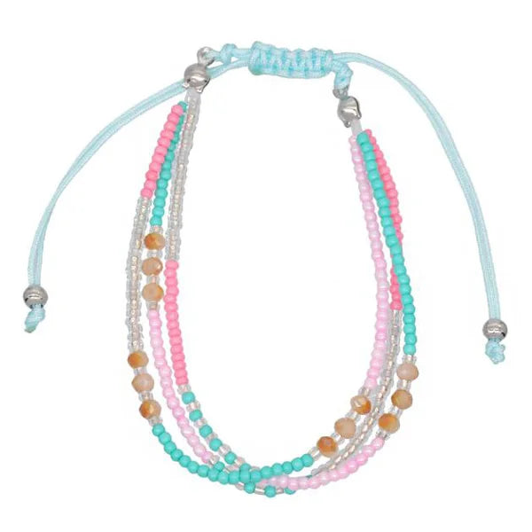 Multistrand beaded bracelet with turquoise, pink, and beige beads on a light blue cord.