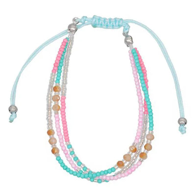Multistrand beaded bracelet with turquoise, pink, and beige beads on a light blue cord.