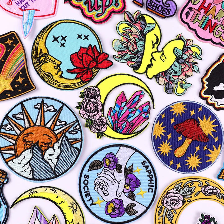 Collection of colorful stickers with various designs on a white background