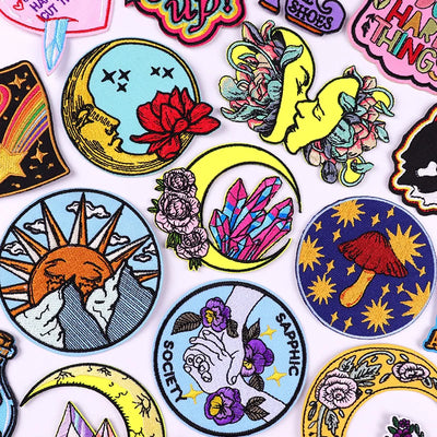 Collection of colorful stickers with various designs on a white background