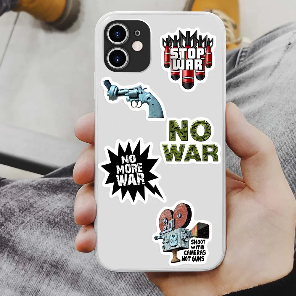 Phone case with anti-war stickers held by a person