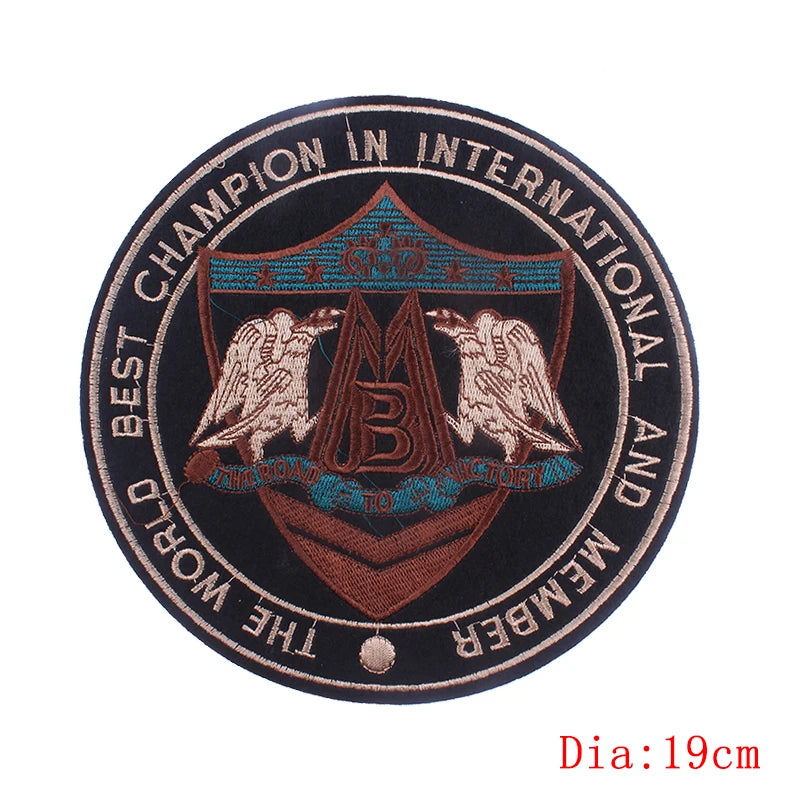 Circular emblem with text and design on a white background