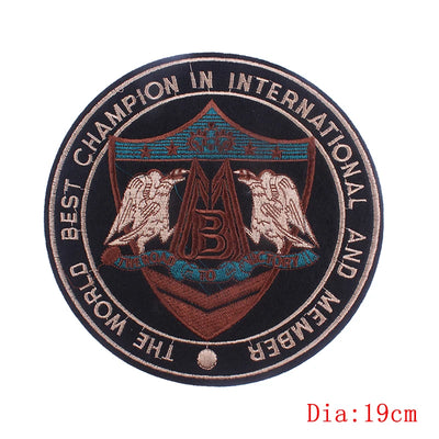 Circular emblem with text and design on a white background