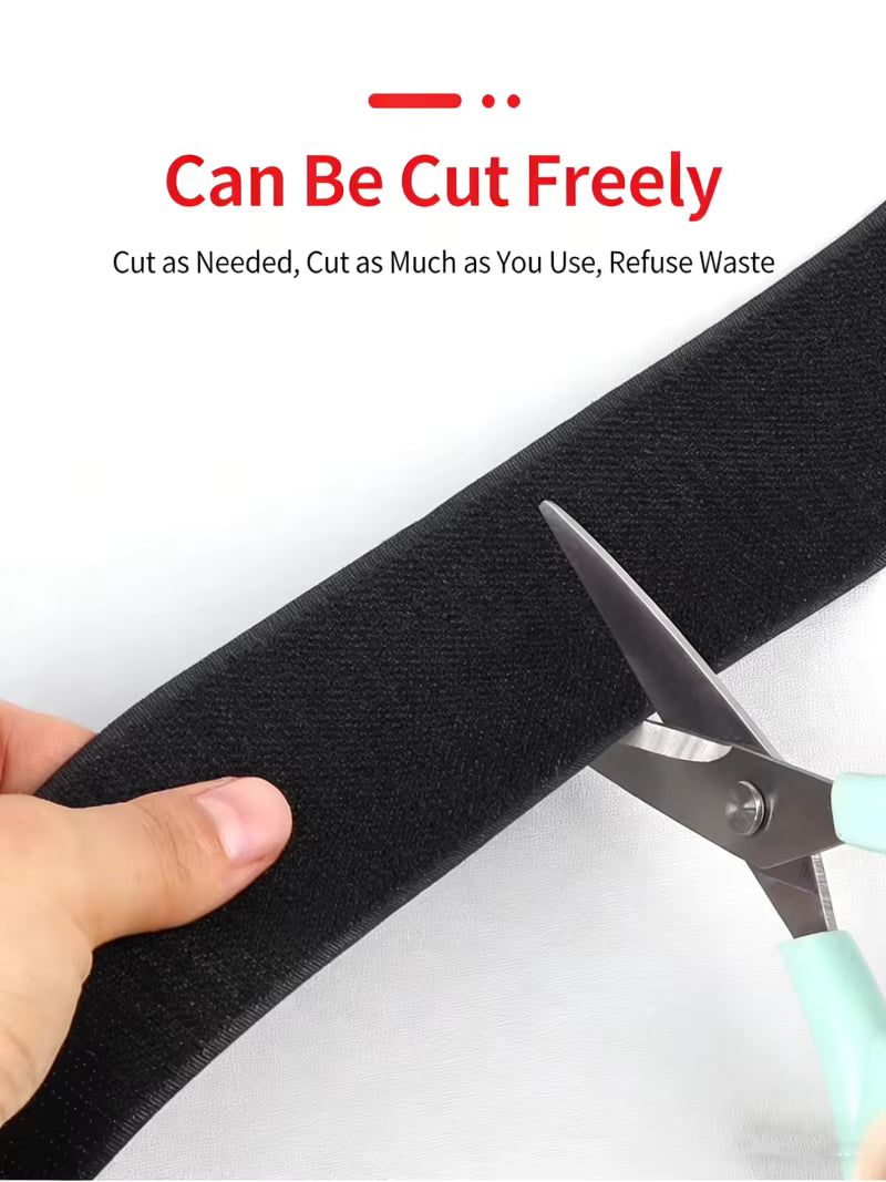 Adhesive Velcro strip being cut with a scissors highlighting that can be cot on a white background