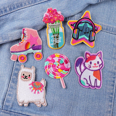Set of colorful patches on a denim background
