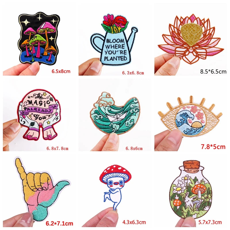 Collection of various colorful patches held by hands with dimensions displayed.