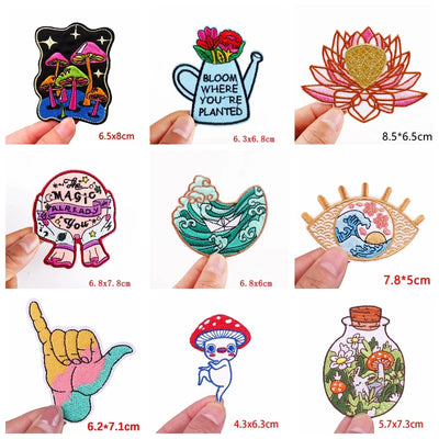 Collection of various colorful patches held by hands with dimensions displayed.