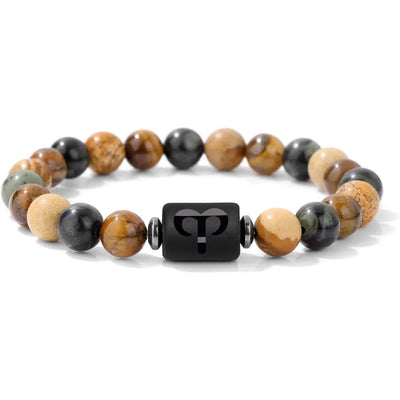 Beaded bracelet with a central black bead featuring a logo on a white background