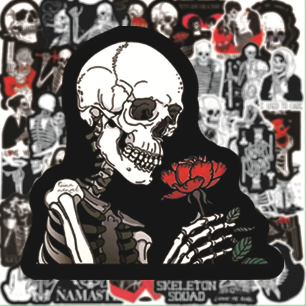 Skeletal design with a red rose against a collage of skeleton-themed images.