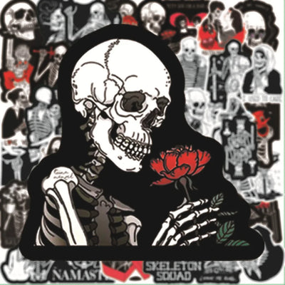 Skeletal design with a red rose against a collage of skeleton-themed images.