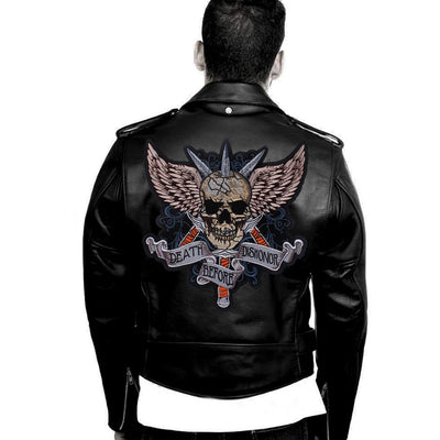 Black leather jacket with a skull and wings design on the back, worn by a person.
