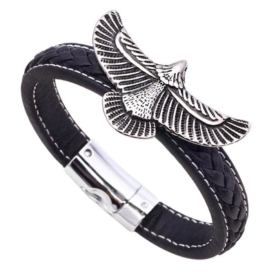 Black braided leather bracelet with silver eagle emblem on a white background