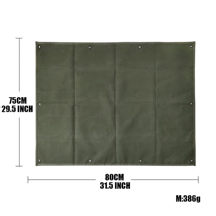 Green patch display board half rolled with dimensions 75x80cm and weight on a white background