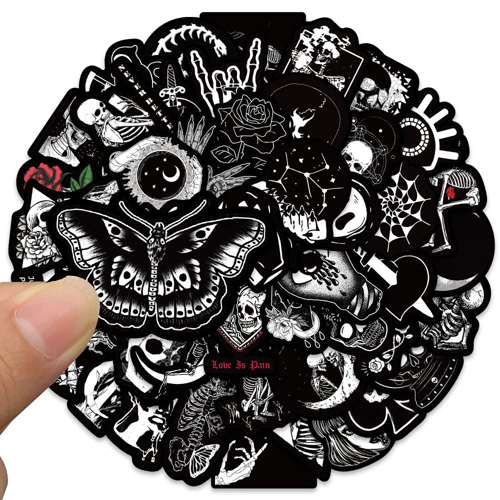 Sticker pack with various black and white designs on a white background