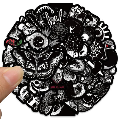 Sticker pack with various black and white designs on a white background