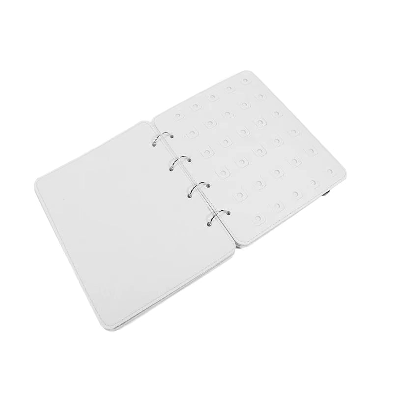 White Felt Pin &amp; Patch Display Storage Book with metal clips open on a white background