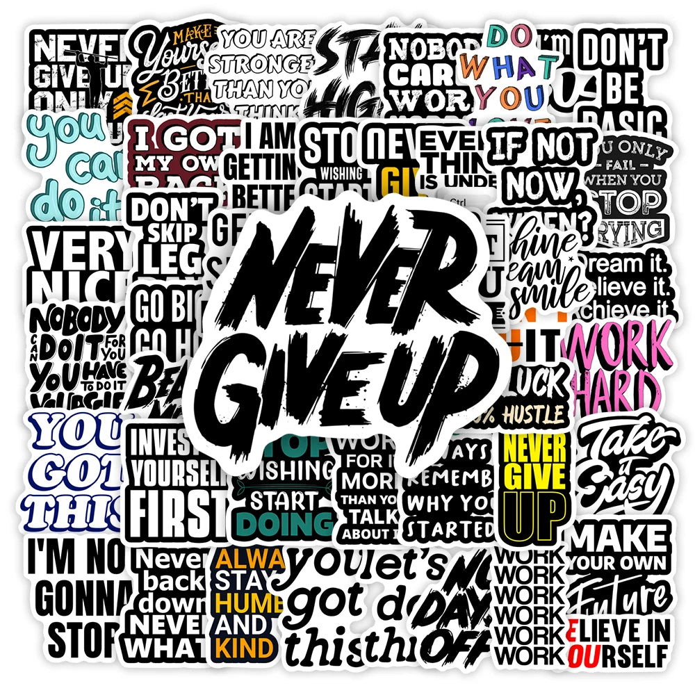 Collage of motivational phrases with 'Never Give Up' prominently displayed.