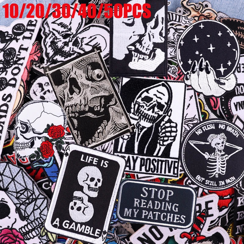 Collection of various skull-themed patches with text on a colorful background.