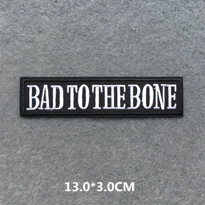 Text patch with 'BAD TO THE BONE' on a gray background