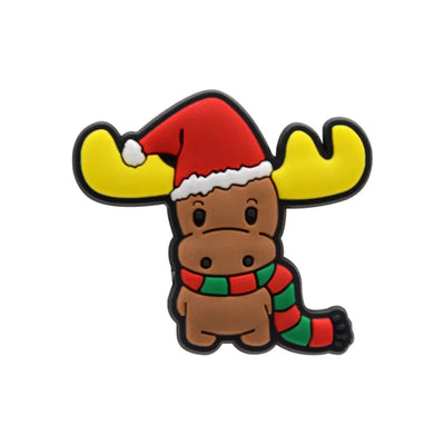 Shoe charm ornament of Christmas moose figurine with a Santa hat and scarf on a white background