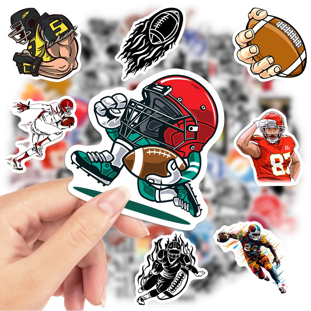 Collection of football-themed stickers held by a hand with a blurred sports background