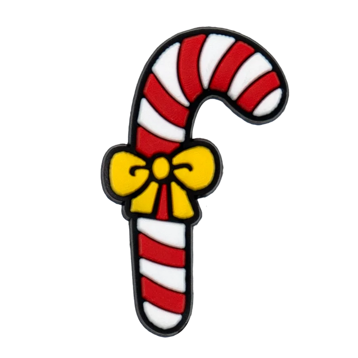 shoe charm ornament of Candy cane with a yellow bow on a white background