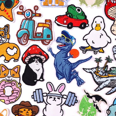 Collection of colorful cartoon-style patches featuring various animals and objects.