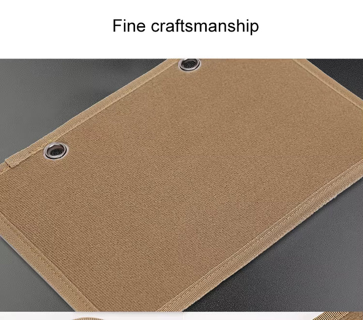 tan Tactical patch display panel close up showing its fine craftsmanship on a gray background 