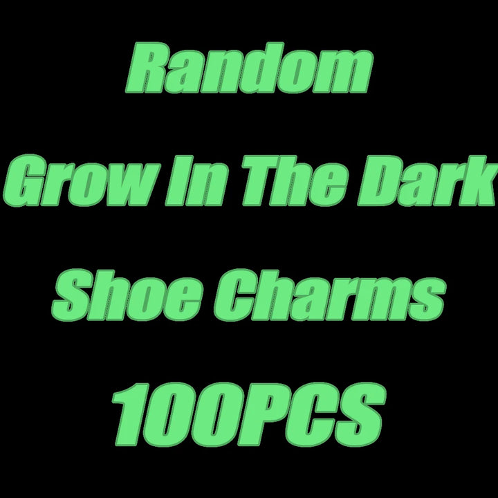 Text on a black background describing random grow-in-the-dark shoe charms with 100 pieces.