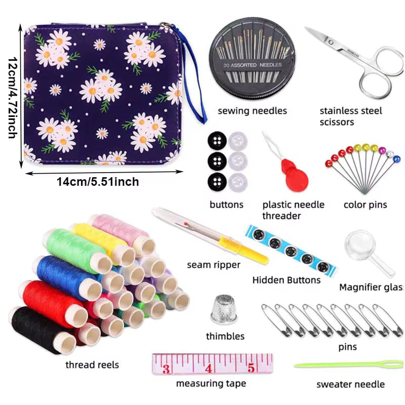 Purple floral Sewing kit with colorful threads, needles, and tools in a  case and dimensions.