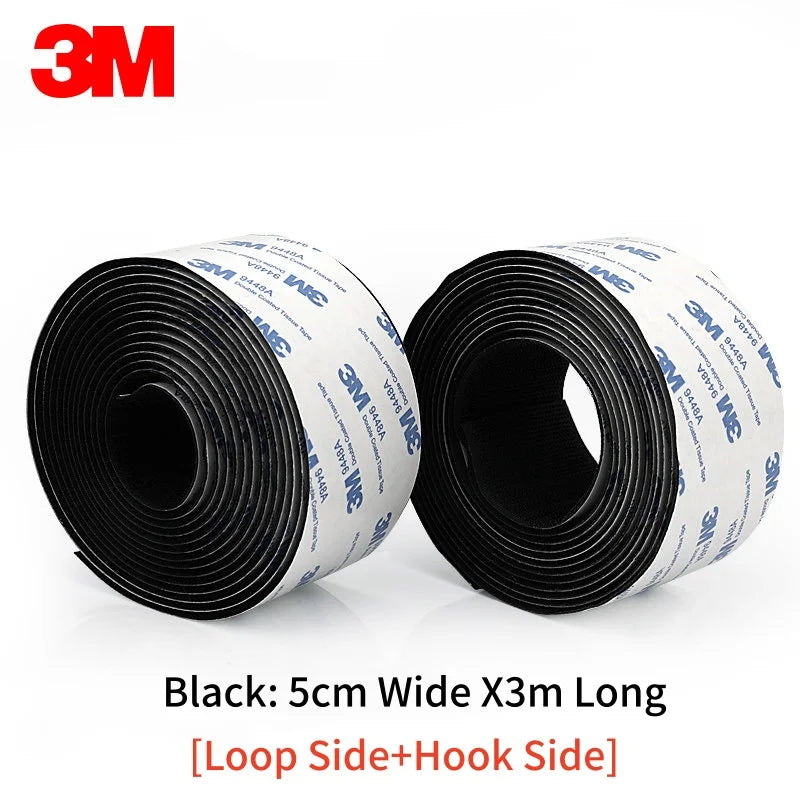 Two rolls of 3M black Velcro tape with specifications on a white background 5cm x 3meters