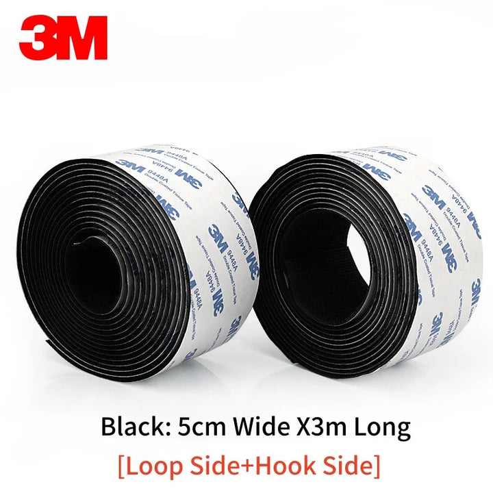 Two rolls of 3M black Velcro tape with specifications on a white background 5cm x 3meters