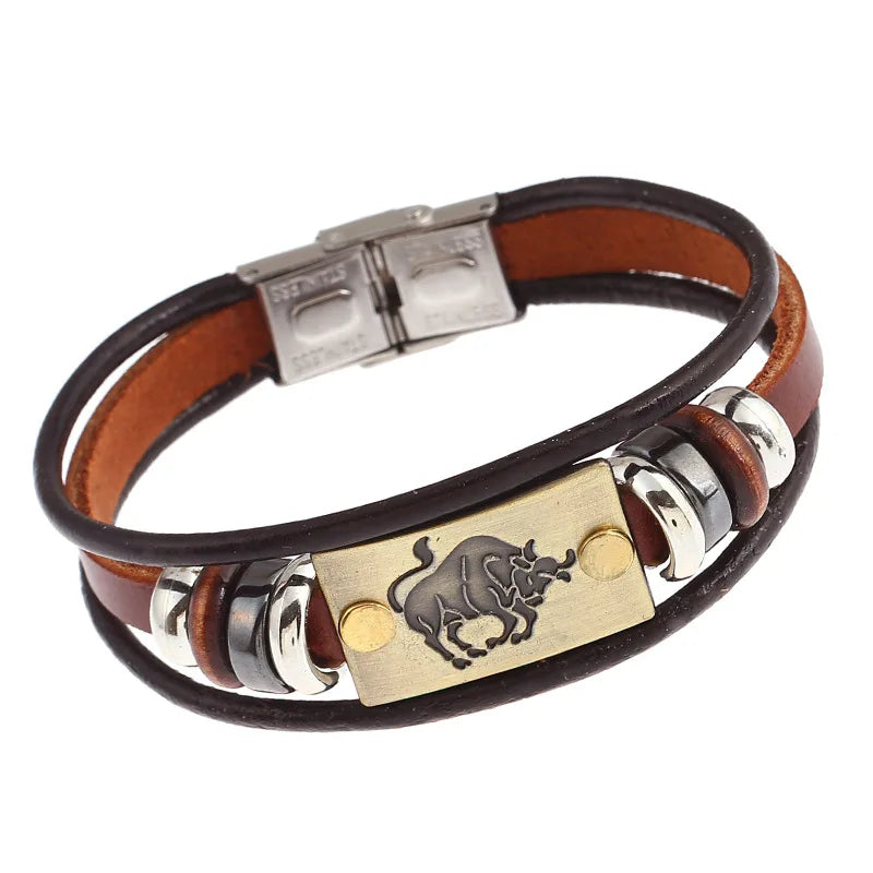 Bracelet with leather strap and metal accents on a white background