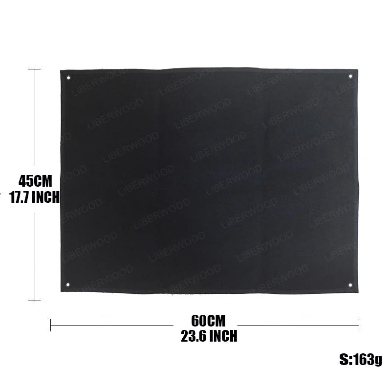 Black patch display board half rolled with dimensions 45x60cm and weight on a white background