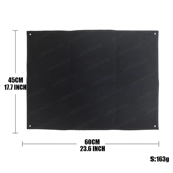 Black patch display board half rolled with dimensions 45x60cm and weight on a white background