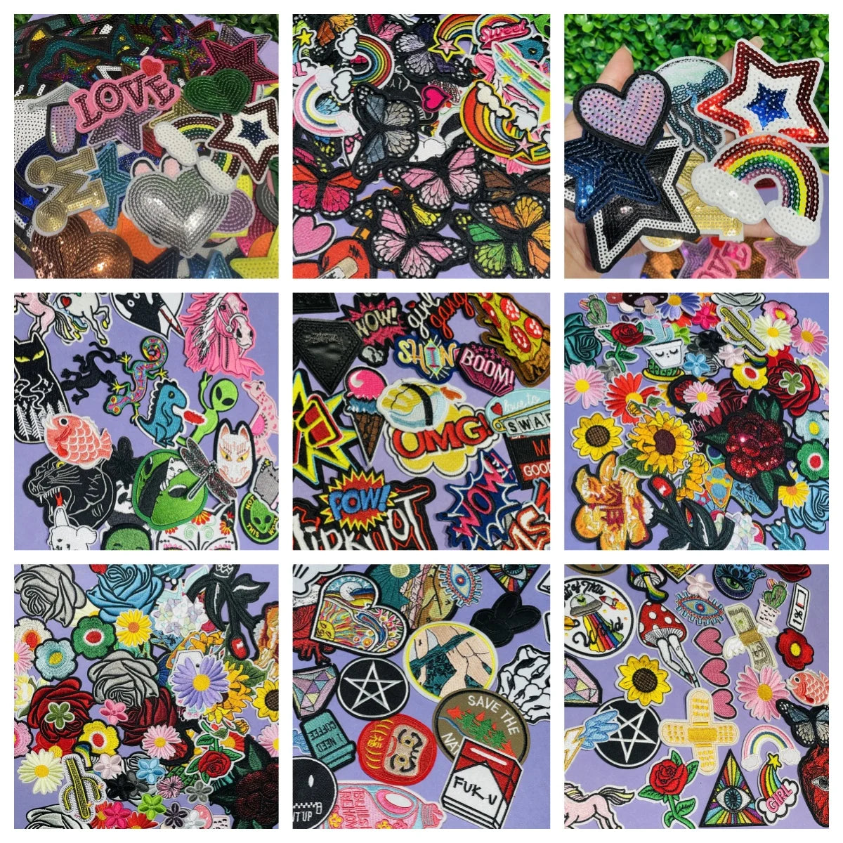 Collage of various colorful patches with different designs on a grid layout.